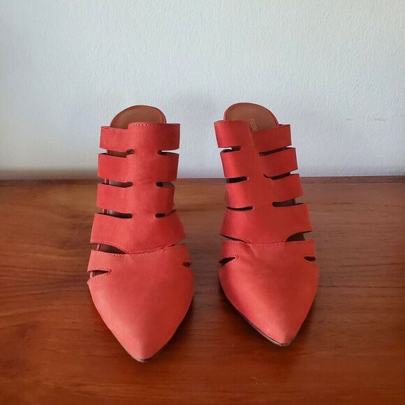 Rebecca Minkoff Red Suede Mule Heels Womens 8 Pointed Toe Cut Outs Strappy Sexy - Picture 2 of 7